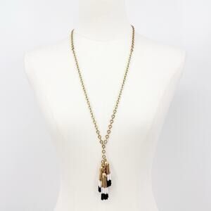 J. Crew Gold Tassel Necklace Beaded Pendant Long Chain Boho Statement Coastal